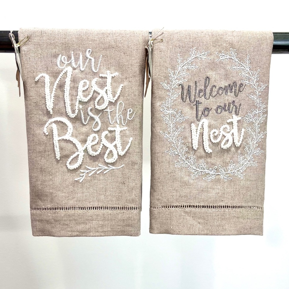 Tan Linen Hand Towels Embroidered French Knot Welcome to Our Nest Set of 2